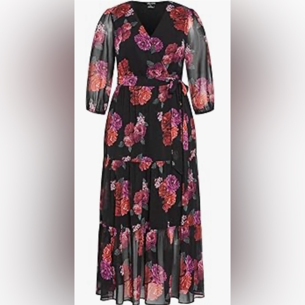 City Chic Black and Pink Floral Long Sleeve Dress - Picture 3 of 7